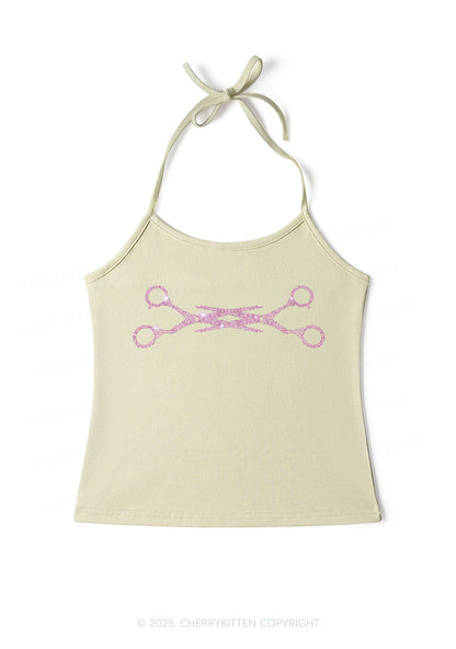 Rhinestone Pink Scissor Pride Y2K Halter Neck Cami Cherrykitten