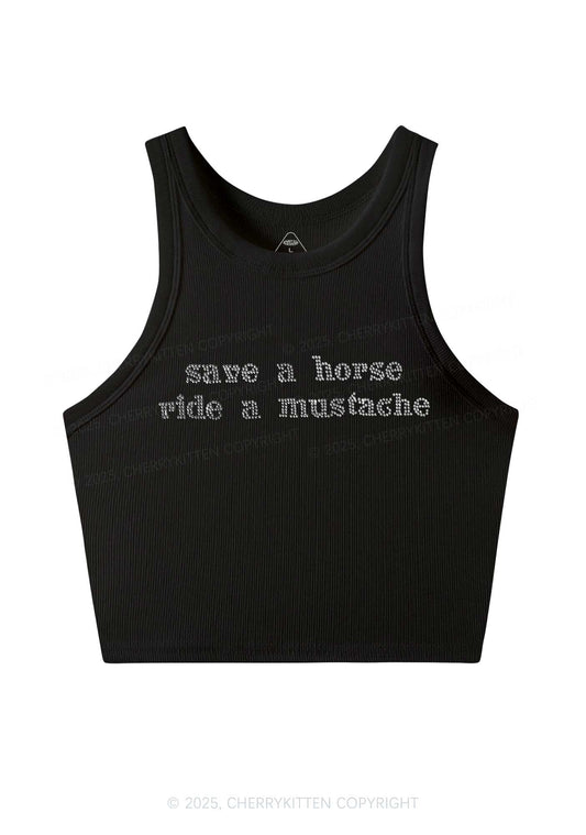 Rhinestone Ride A Mustache Y2K Crop Tank Top Cherrykitten