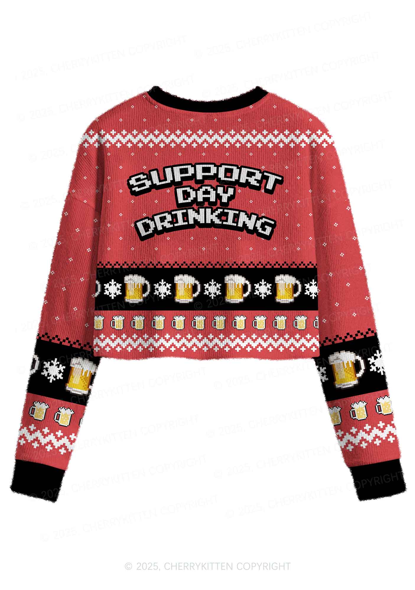 Support Day Drinking Y2K Christmas Crop Knit Sweatshirt Cherrykitten