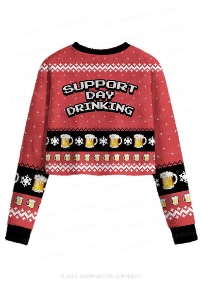 Support Day Drinking Y2K Christmas Crop Knit Sweatshirt Cherrykitten