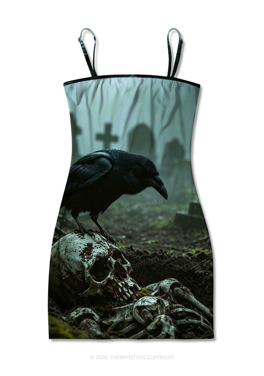 Halloween Raven On Skull Y2K Print Slip Dress Cherrykitten