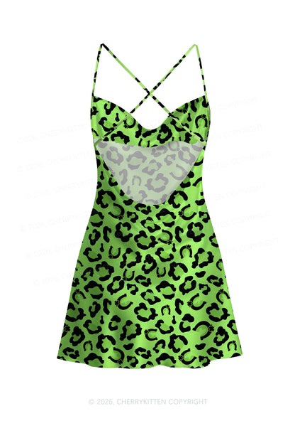 Fluorescent Green Leopard St Patricks Y2K Print Satin Cowl Neck Slip Dress Cherrykitten