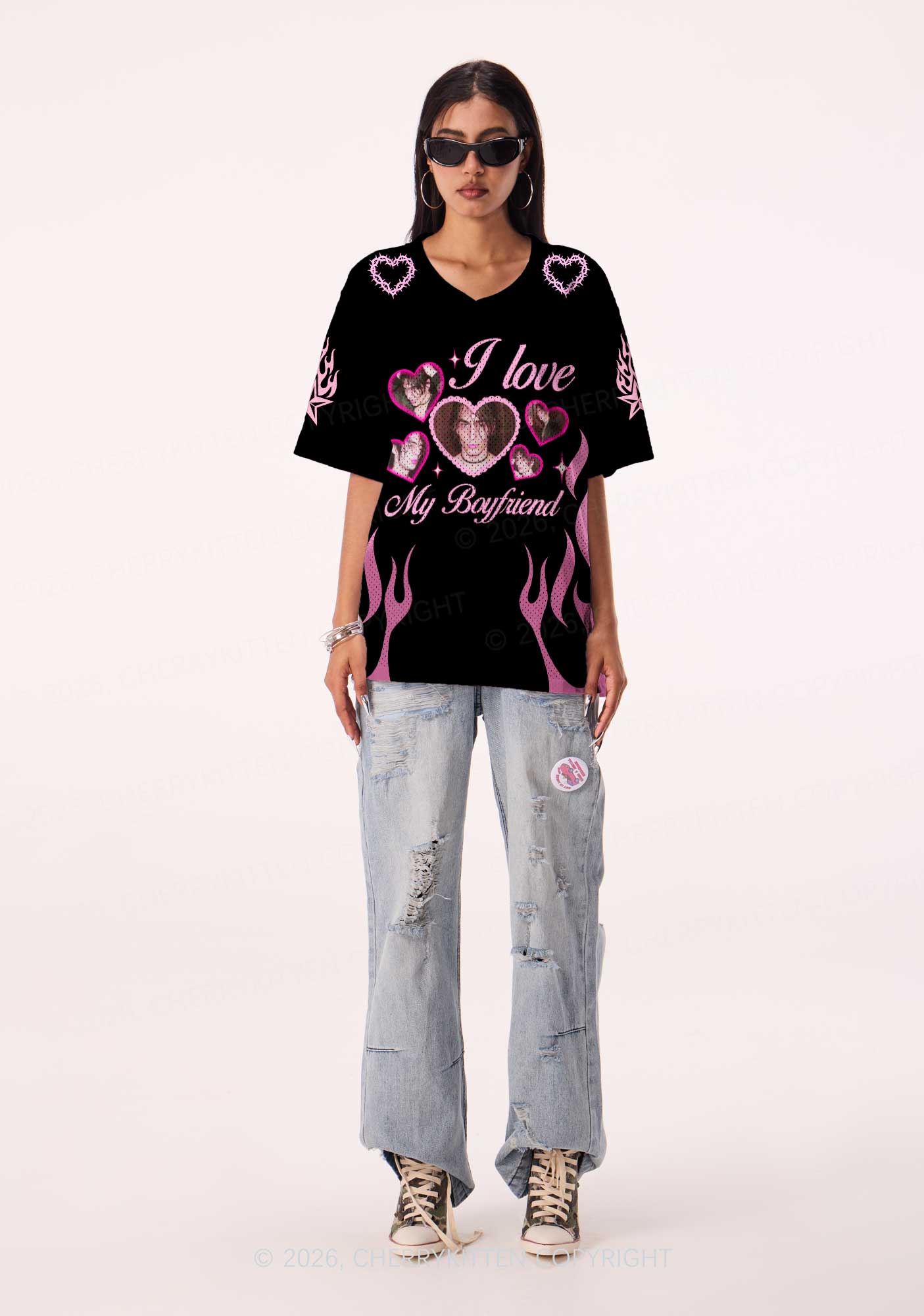 Custom Photos Pink Flame I Love My GF BF Y2K Sport Jersey Shirts Cherrykitten