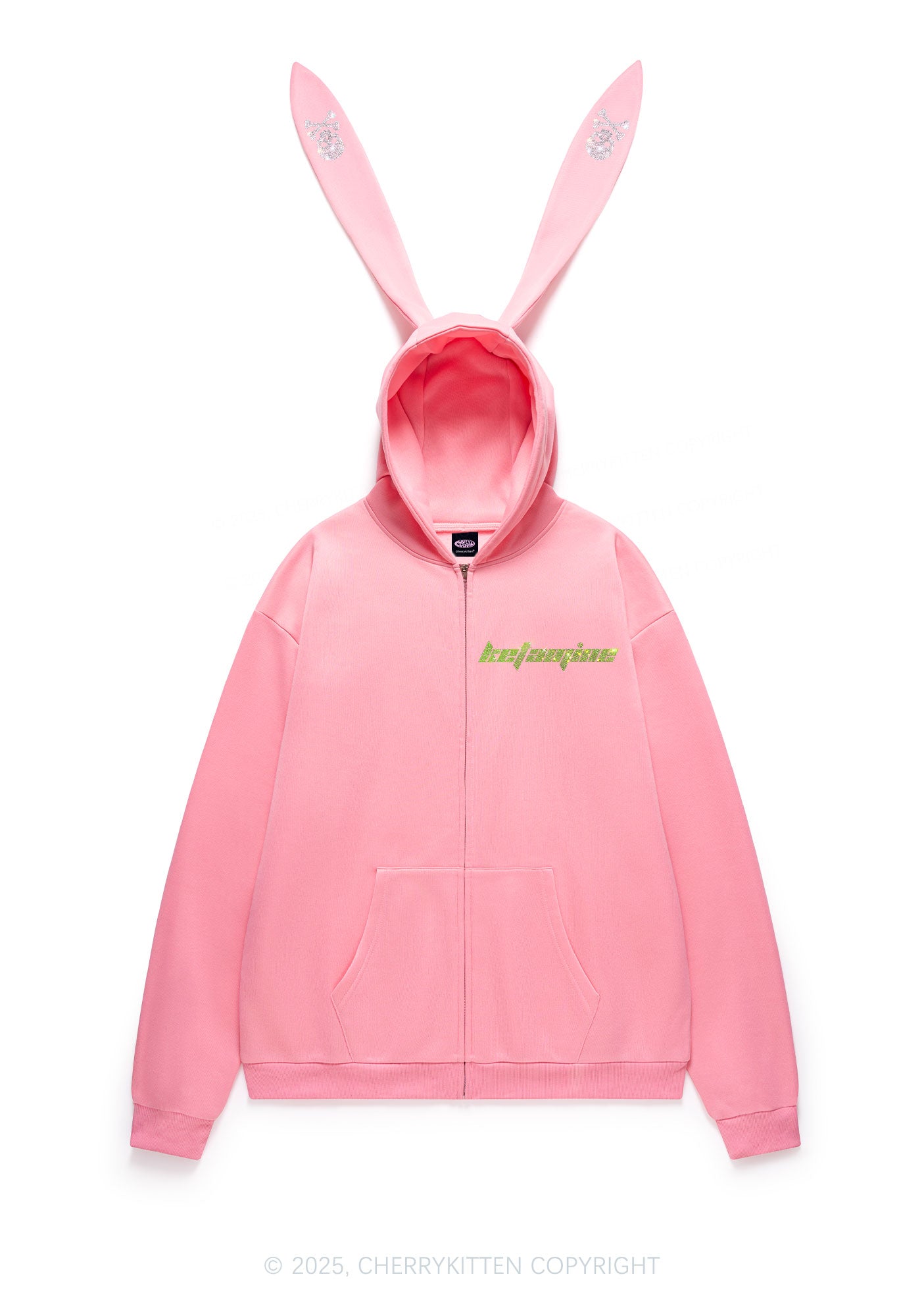 Rhinestone Ketamxxe Y2K Bunny Ear Zip Hoodie Cherrykitten