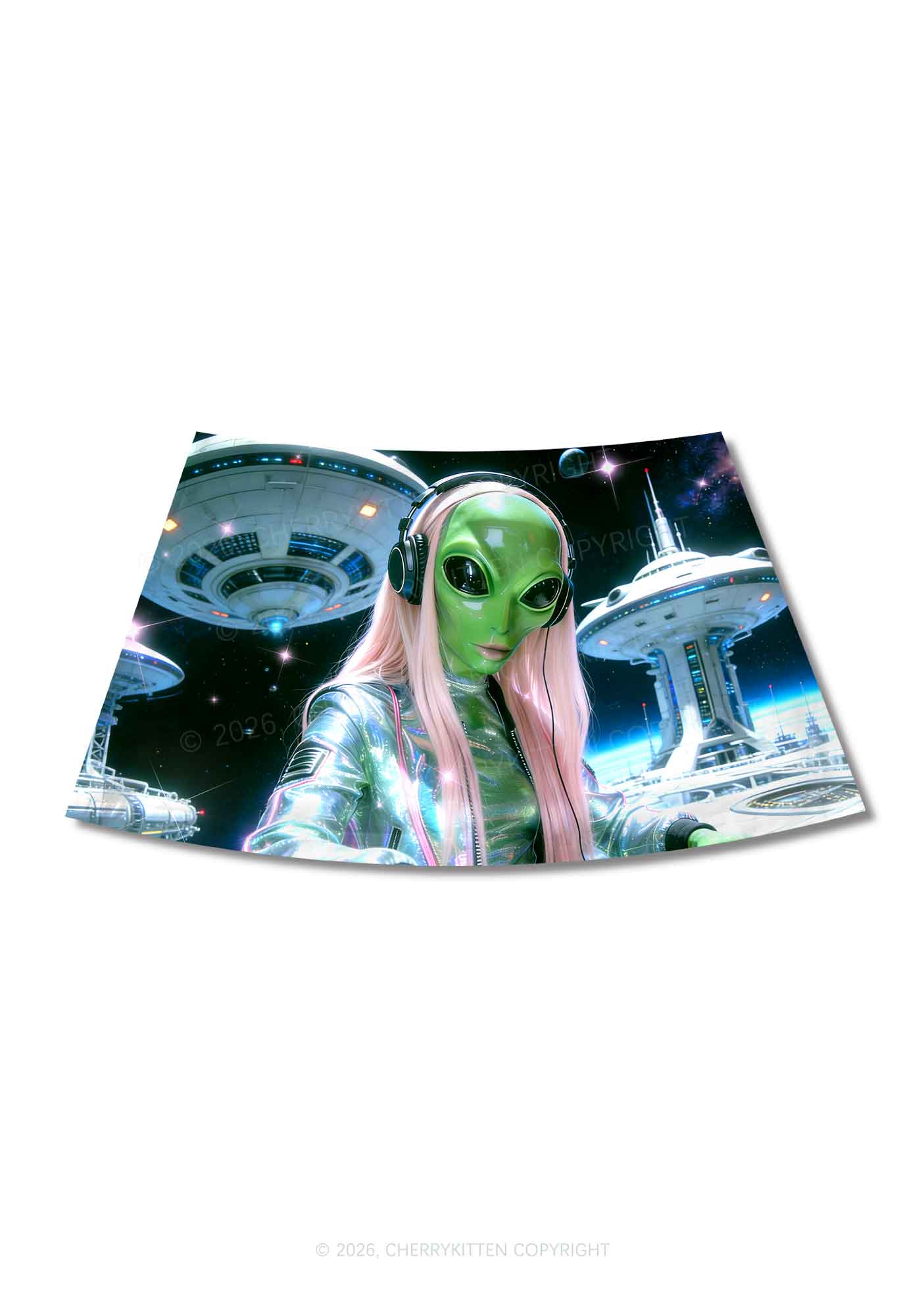 Space Alien DJ Y2K Print Mini Skirt Cherrykitten