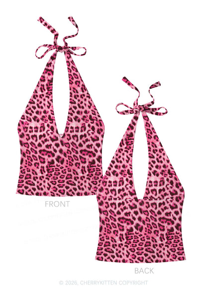 Pink Leopard Y2K Print Halter Deep V Neck Cami Cherrykitten
