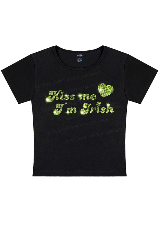 Rhinestone Kiss Me St Patricks Y2K Baby Tee Cherrykitten