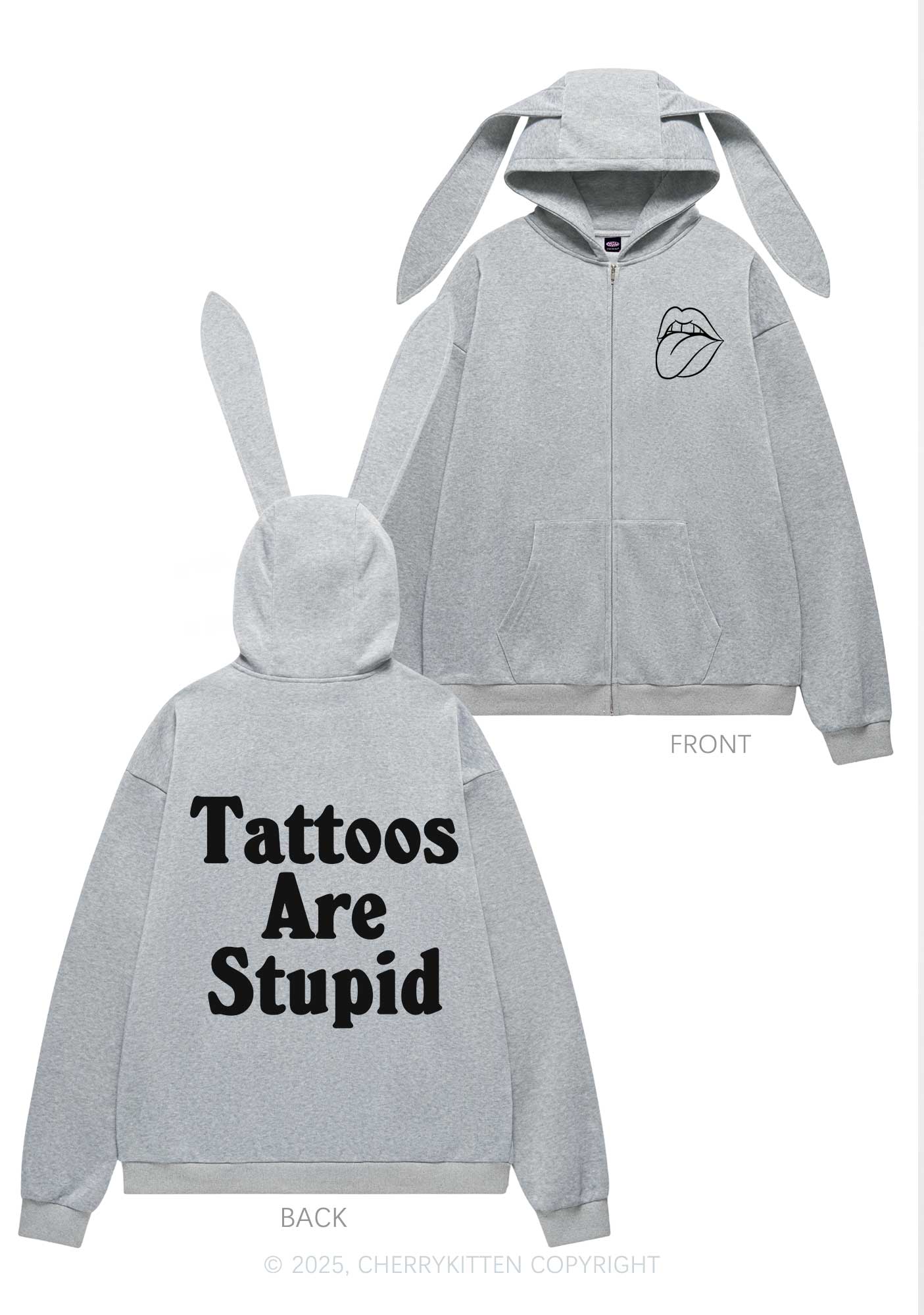 Tattoos Are Stupid Y2K Bunny Ear Zip Hoodie Cherrykitten