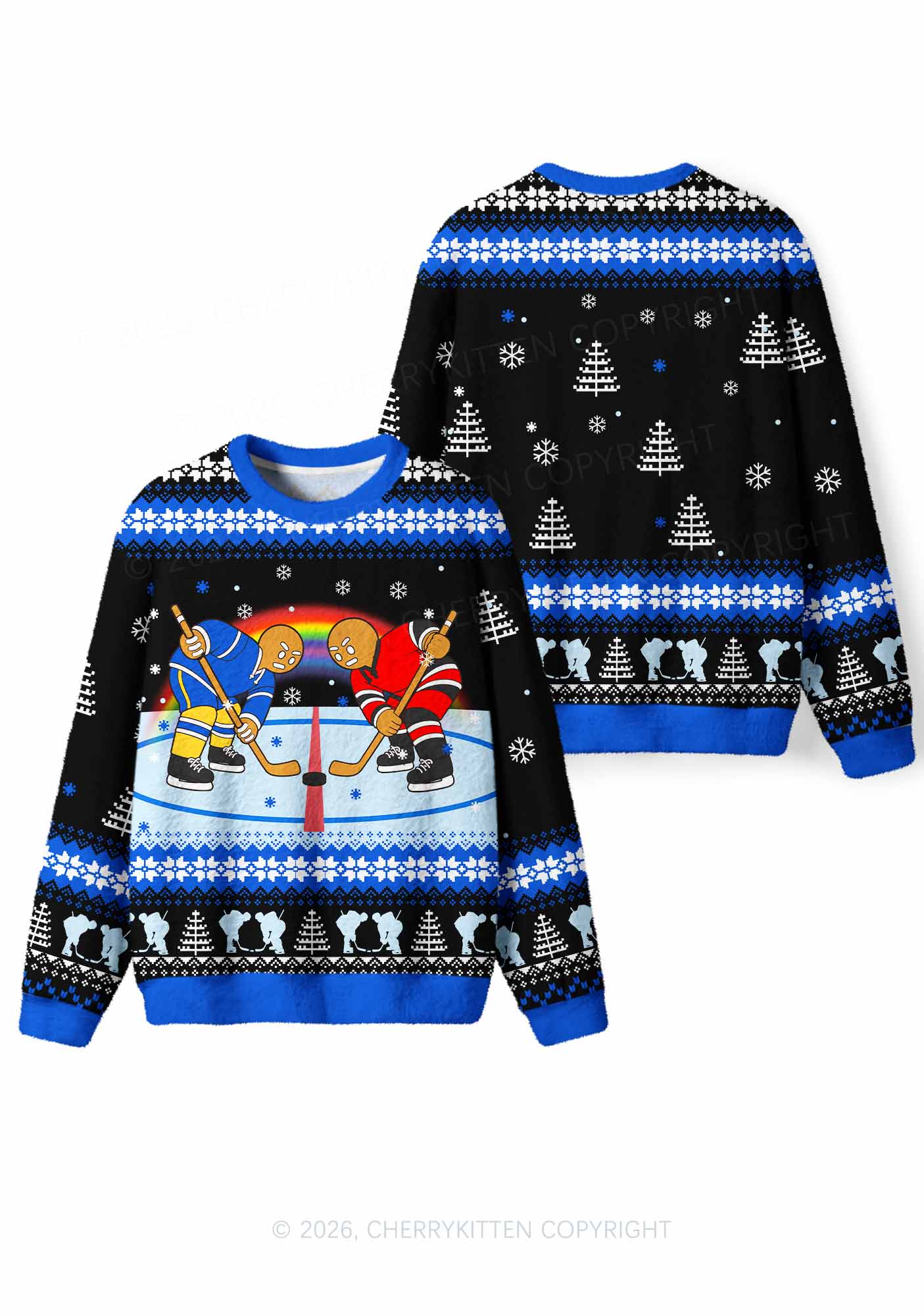 Blue Hockey Gingerbread Man Y2K Knit Sweatshirt Cherrykitten