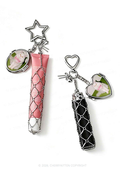 Pink Bow Cat 1pc Y2K Metal Mesh Lipstick Holder Keychain With Mirror Cherrykitten