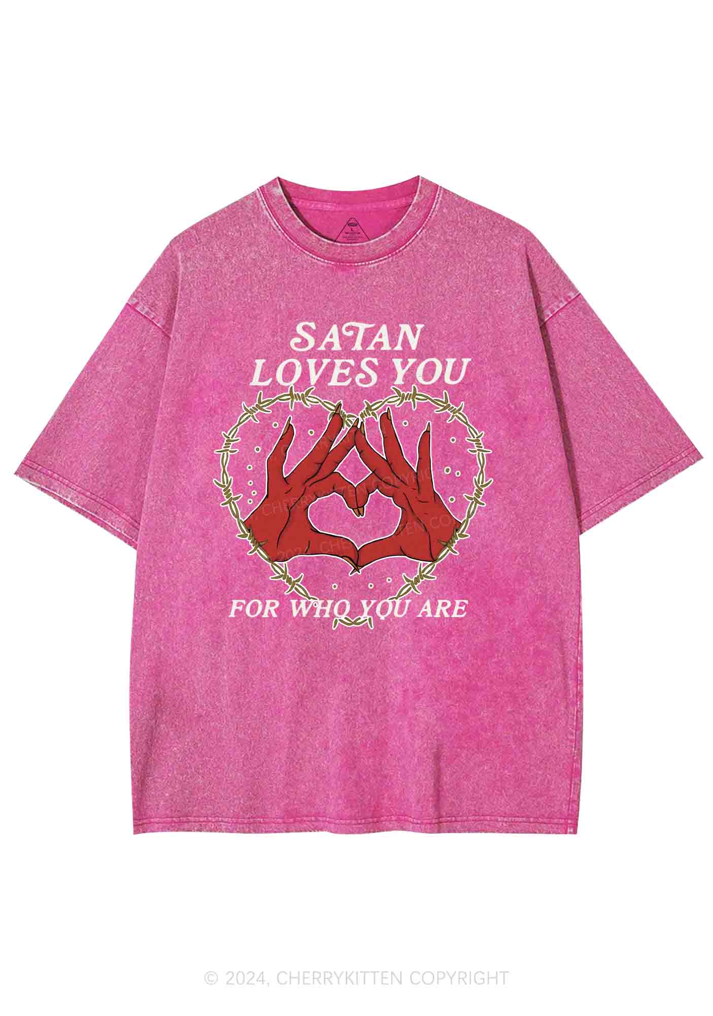 Satan Loves You Heart Halloween Y2K Washed Tee Cherrykitten