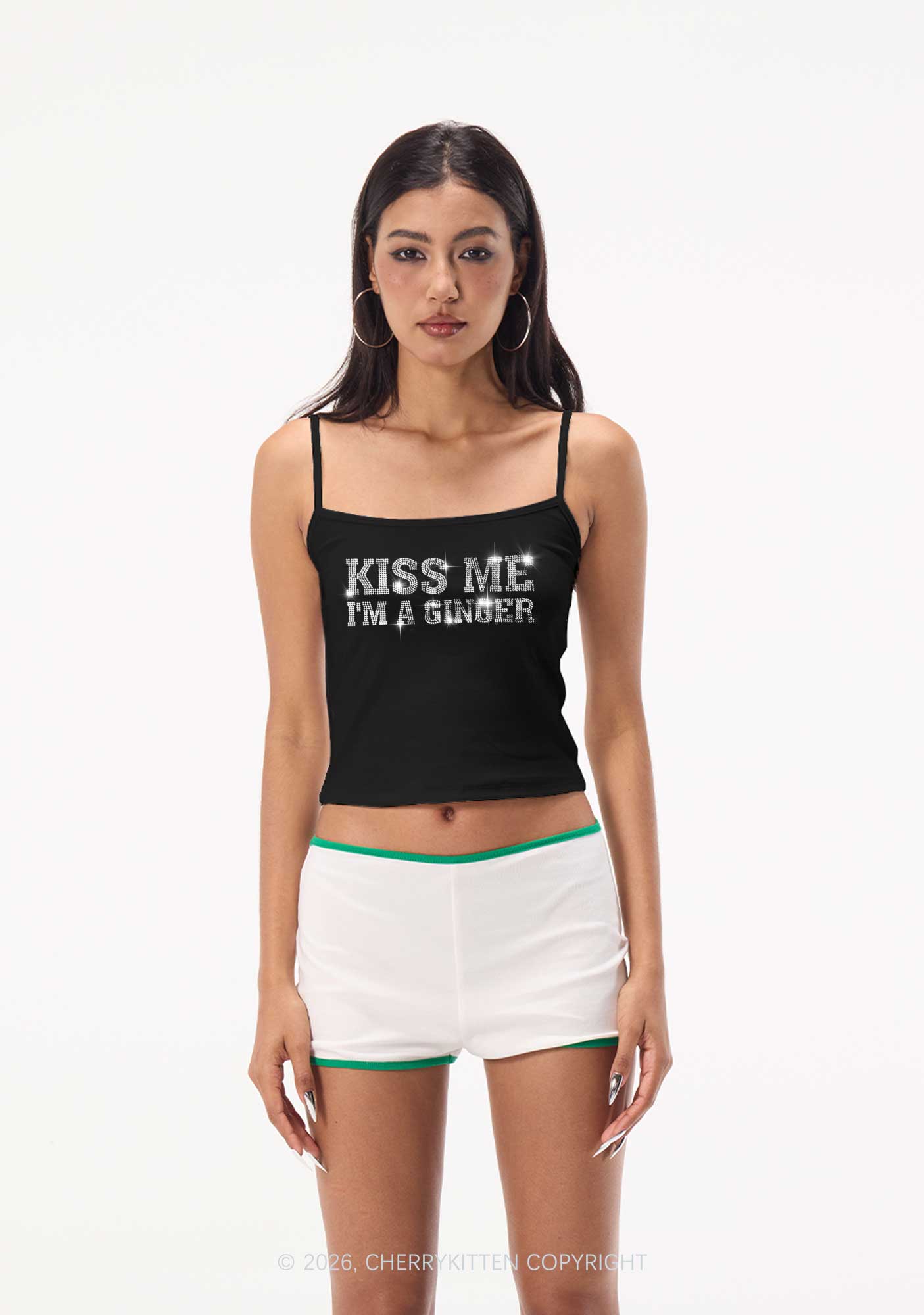 Rhinestone Kiss Me Im Ginger St Patricks Y2K Spaghetti Strap Cami Cherrykitten