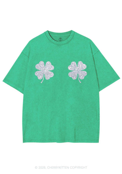 Glitter Four Leaf Clover St Patricks Y2K Shirts Washed Tee Cherrykitten