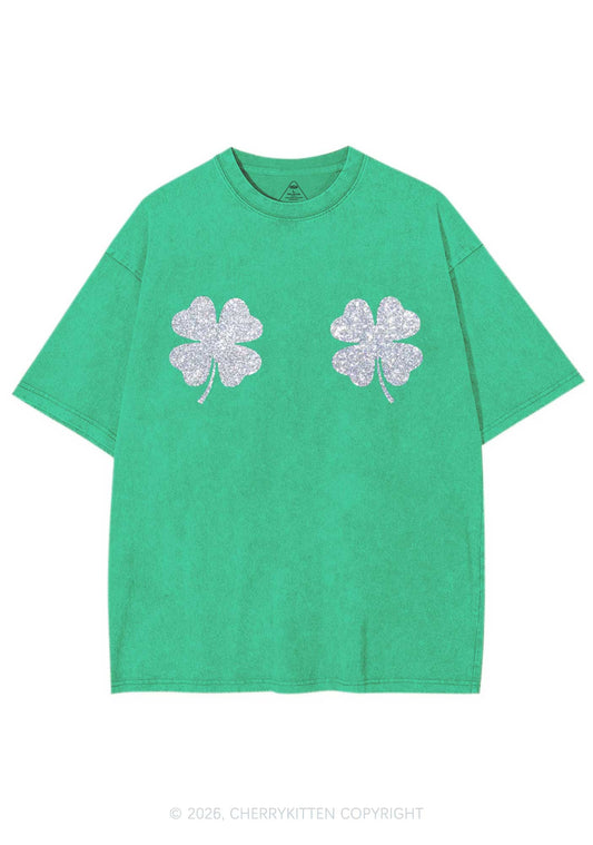 Glitter Four Leaf Clover St Patricks Y2K Shirts Washed Tee Cherrykitten