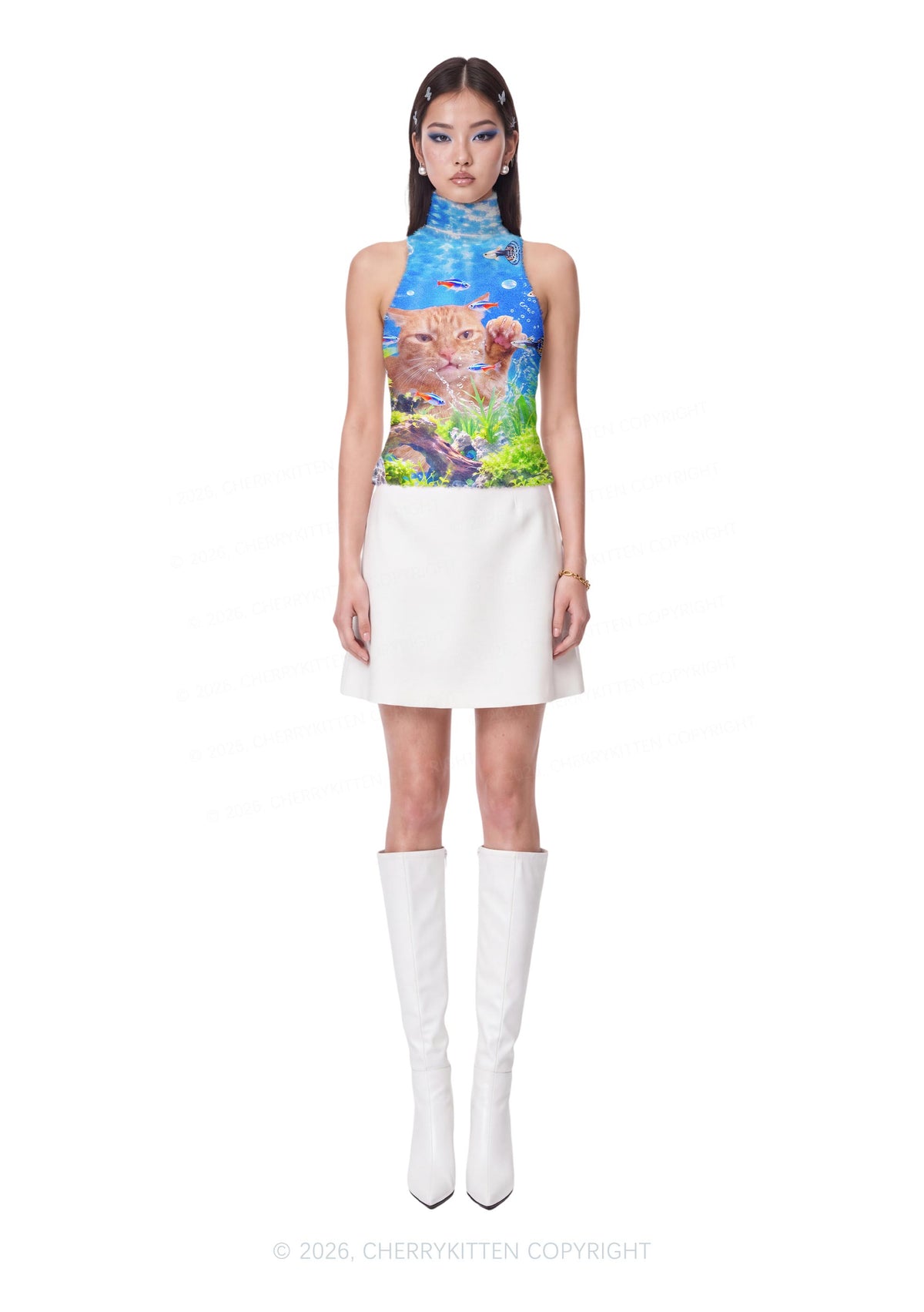 Cat Inside Aquarium Y2K Knit Turtleneck Tank Top Cherrykitten
