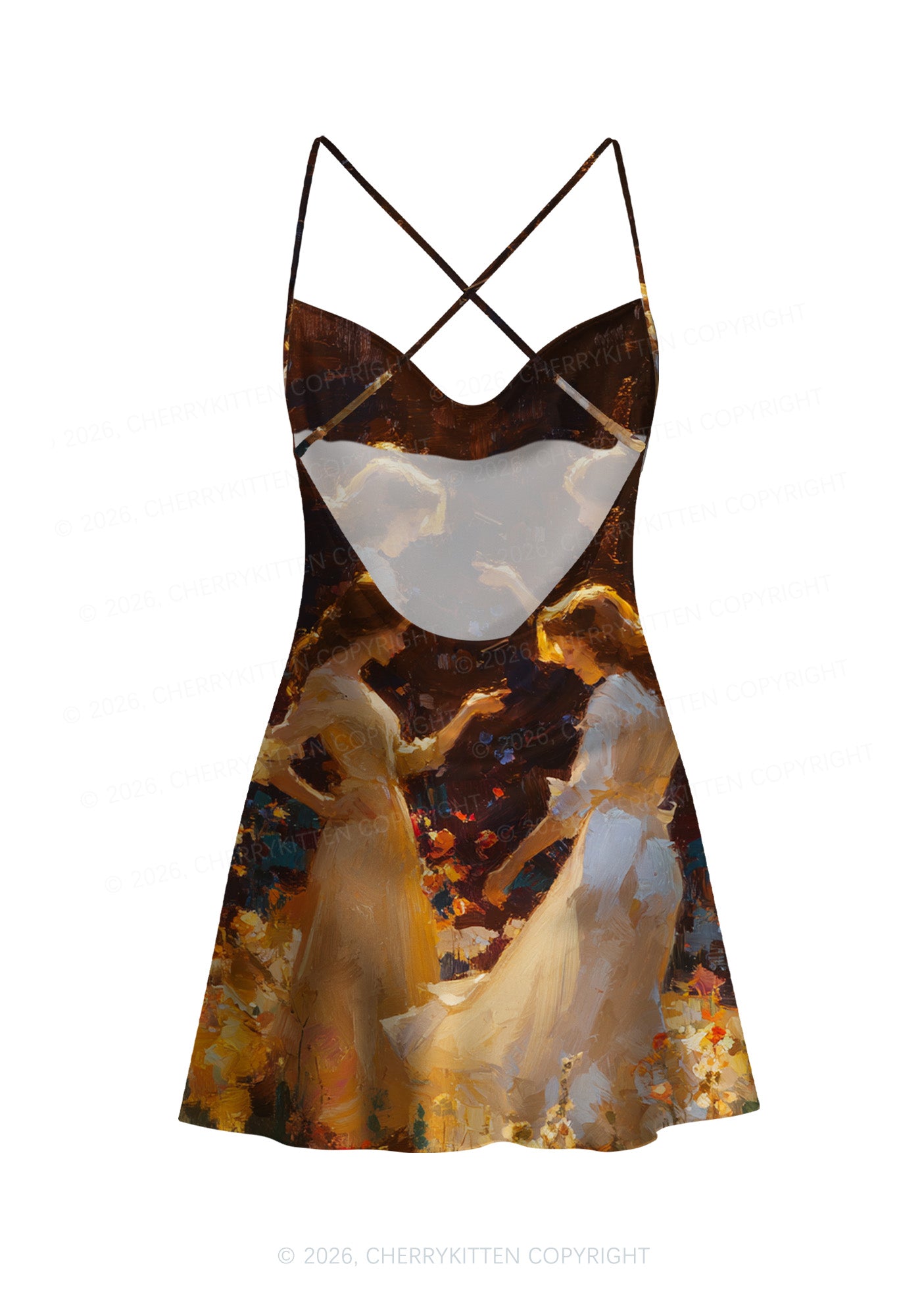 Dancing In Garden Pride Y2K Print Satin Cowl Neck Slip Dress Cherrykitten