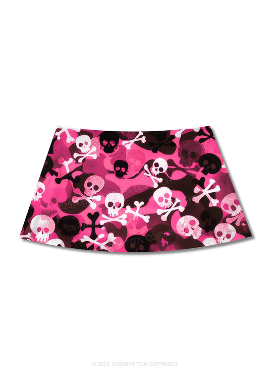 Halloween Pink Camouflage Skull Y2K Print Mini Skirt Cherrykitten