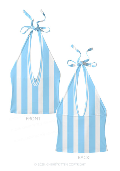 Blue White Stripes Y2K Print Halter Deep V Neck Cami Cherrykitten