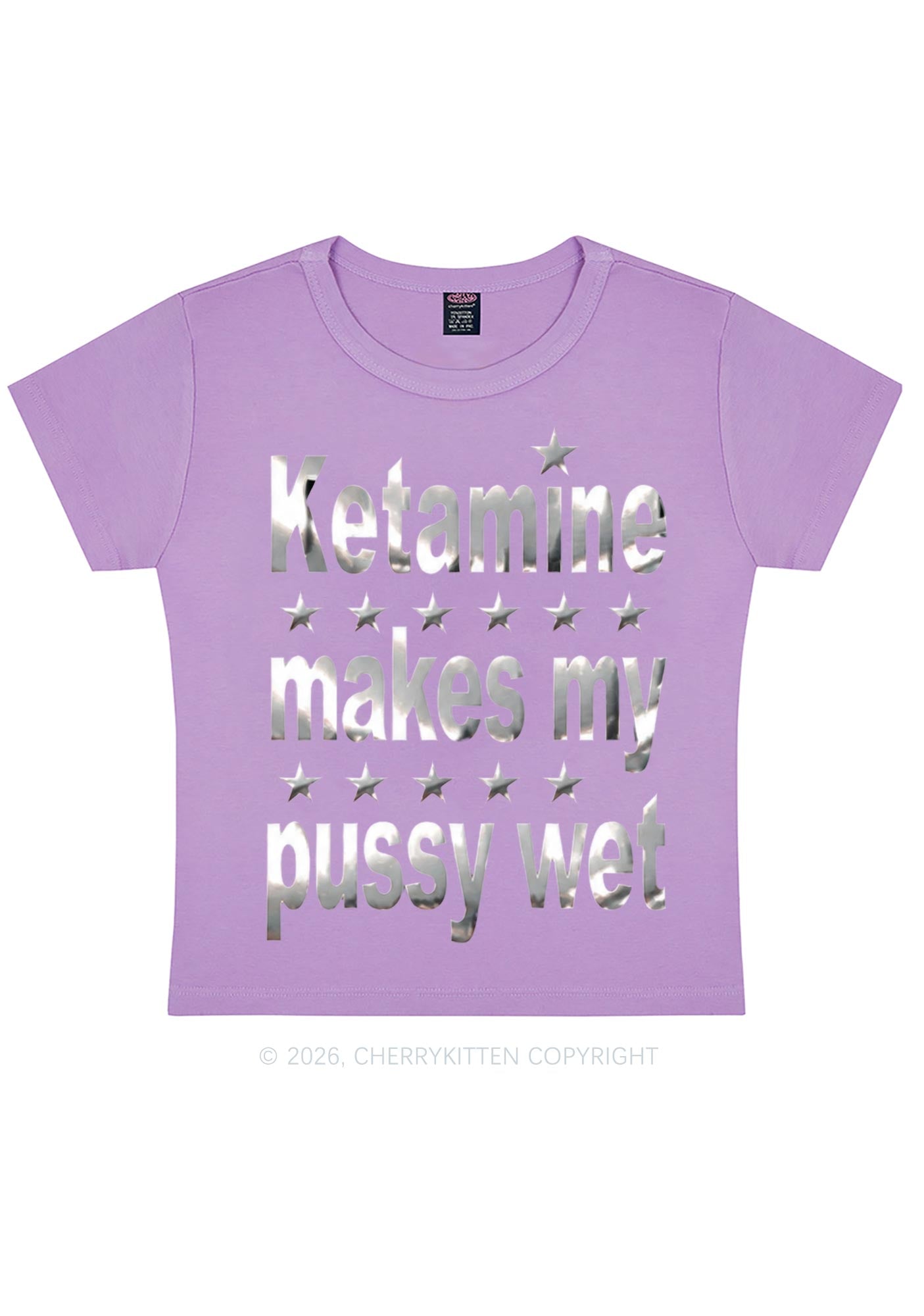 K Makes My Puxxy Wet Silver Foil Printed Y2K Baby Tee Cherrykitten