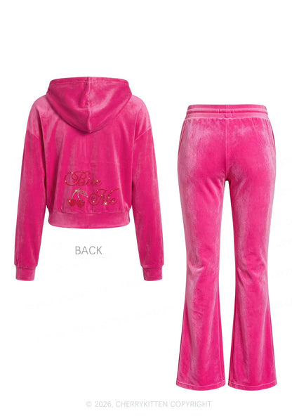 Rhinestone Red Cherry Bite Me Y2K Velvet Tracksuit Set Cherrykitten