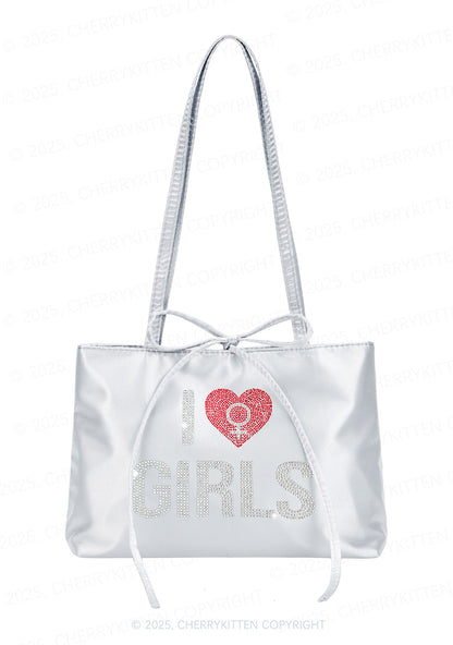 Rhinestone I Love Girls Pride Y2K Satin Bags Cherrykitten