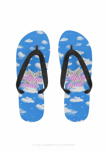 Blue Sky Alpha Male Unicorn Y2K Print Flip Flops Cherrykitten