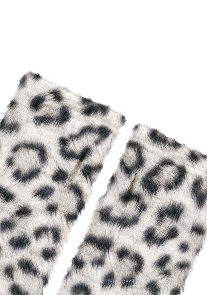 White Leopard Y2K Print Fuzzy Arm Warmers Cherrykitten