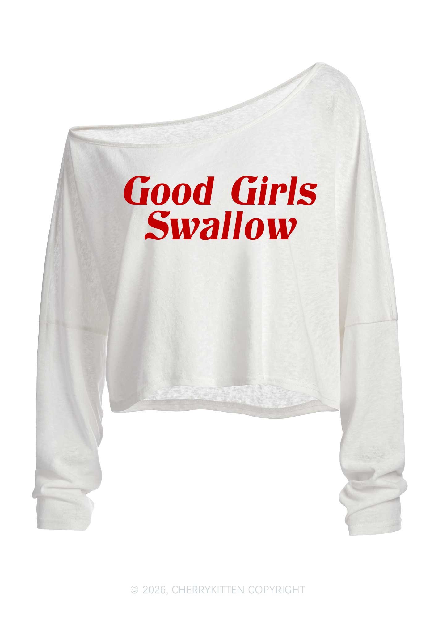 Good Girls Swallow Y2K Off Shoulder Long Sleeve Crop Top Cherrykitten