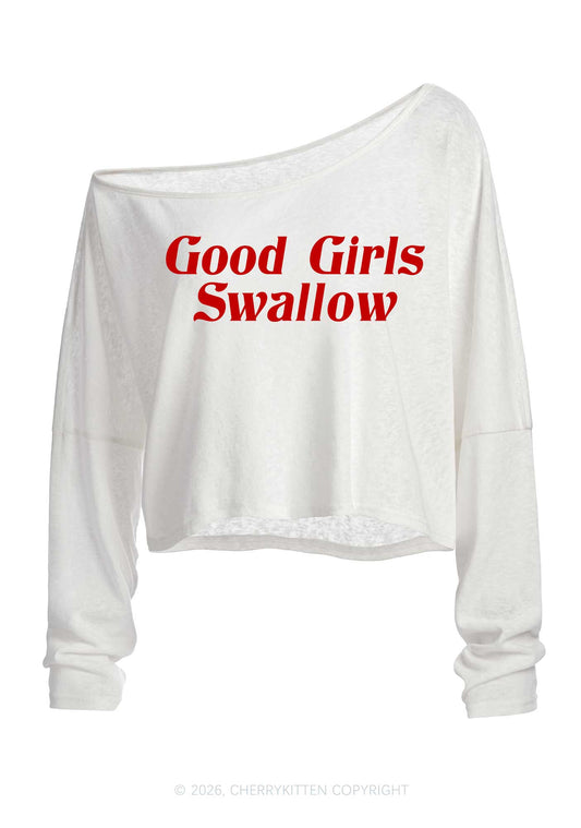 Good Girls Swallow Y2K Off Shoulder Long Sleeve Crop Top Cherrykitten