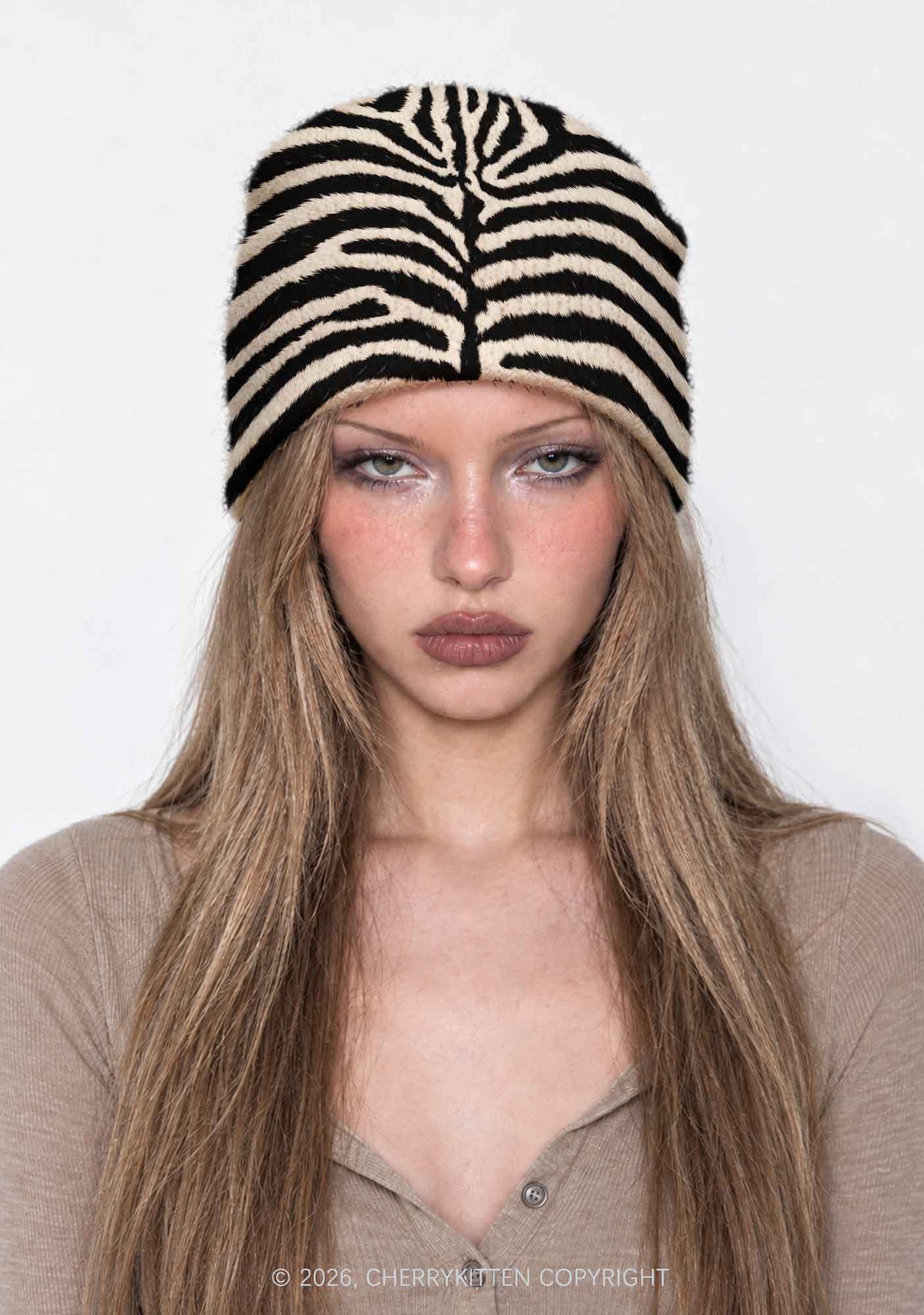 Black And White Zebra Striped Y2K Print Knit Beanie Cherrykitten