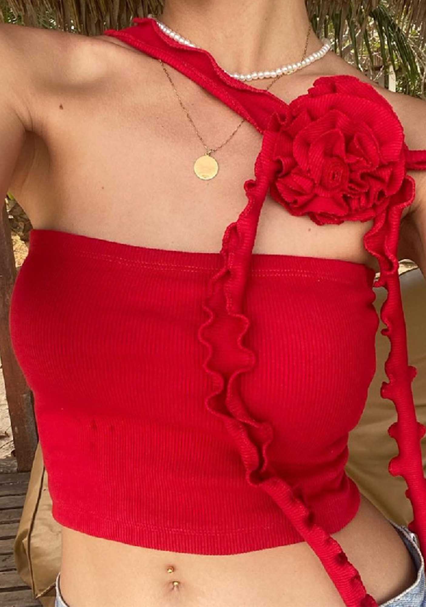 Y2K Flower Ribbon Halter Tube Top Cherrykitten