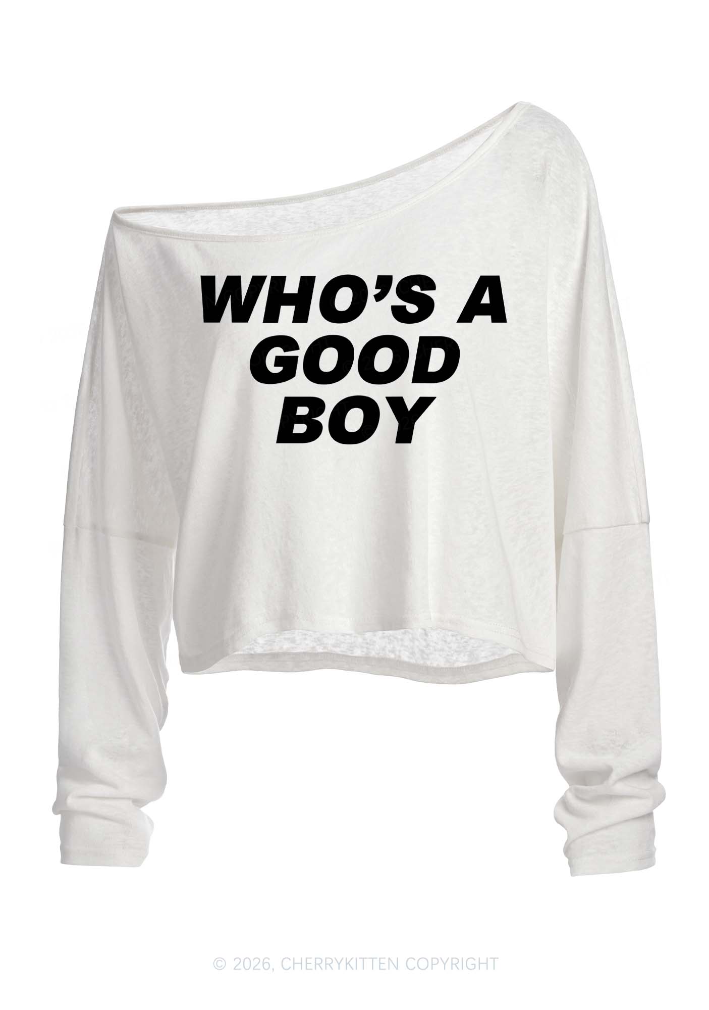 Whos A Good Boy Y2K Off Shoulder Long Sleeve Crop Top Cherrykitten