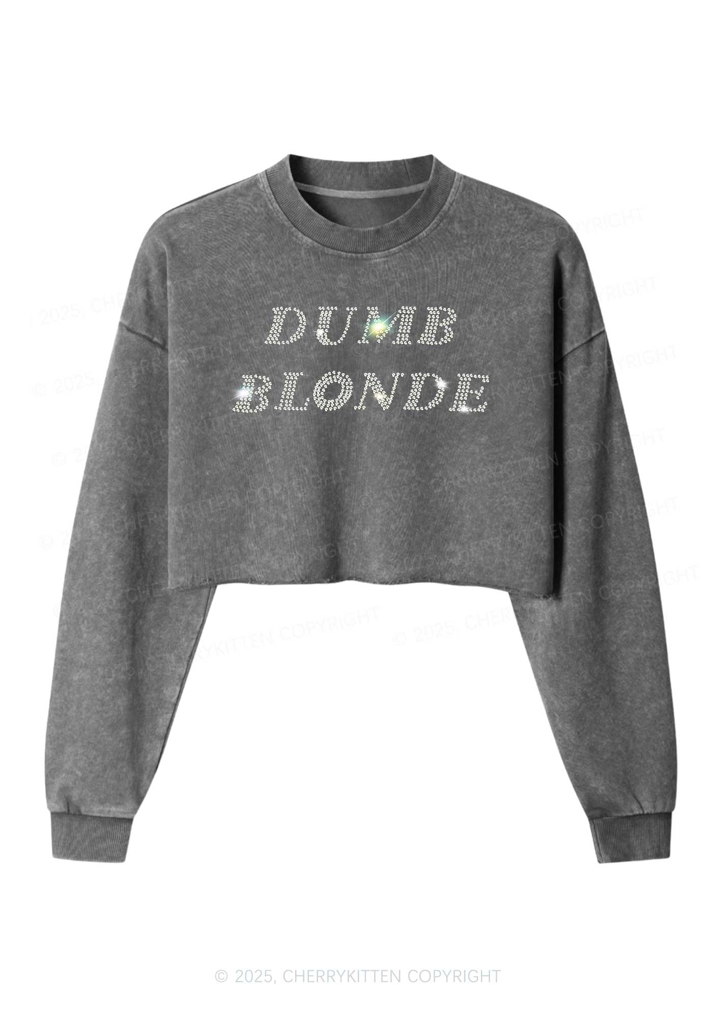 Rhinestone Dumb Blonde Y2K Crop Washed Sweatshirts Cherrykitten
