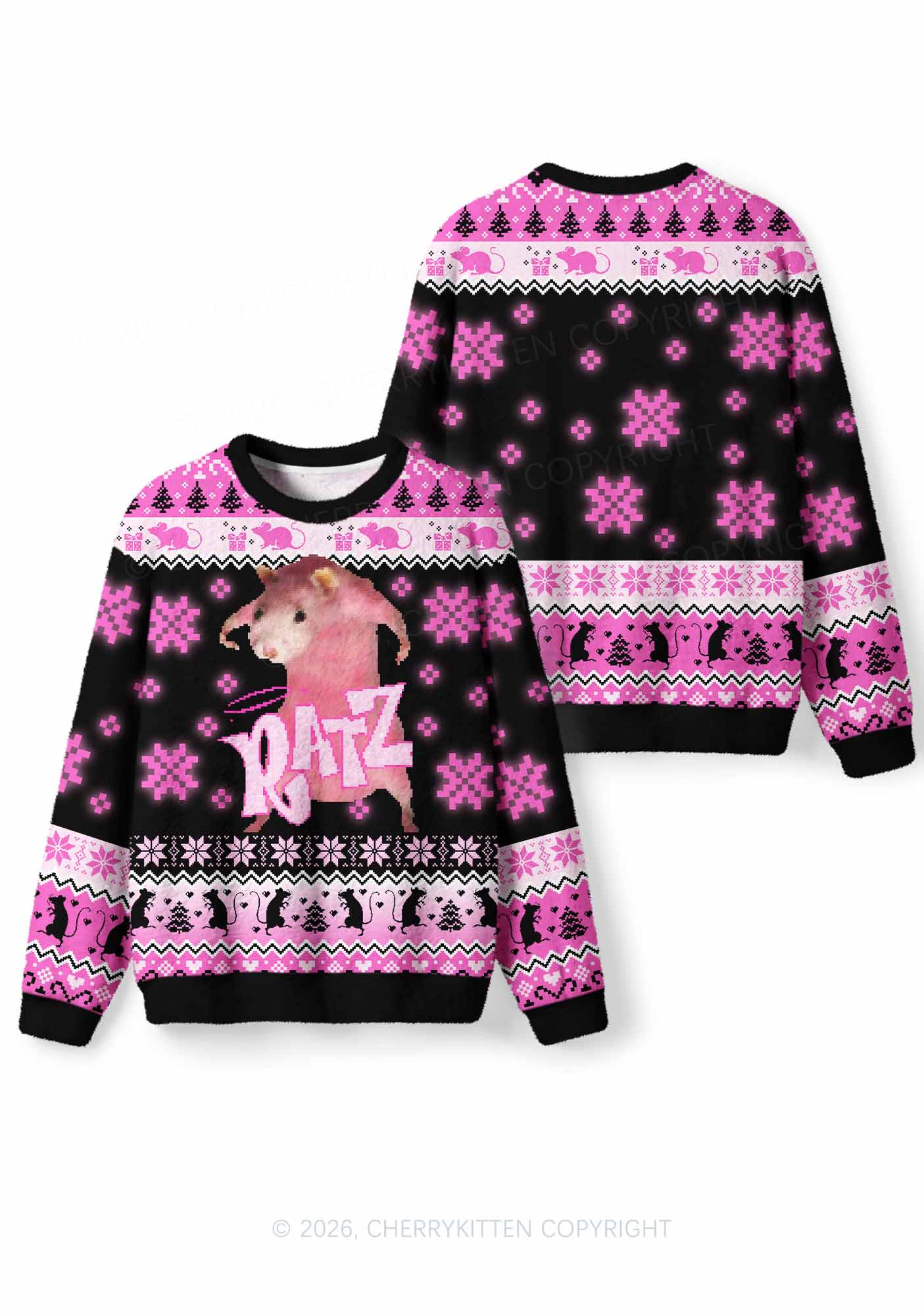 Hot Pink Ratz Y2K Christmas Knit Sweatshirt Cherrykitten