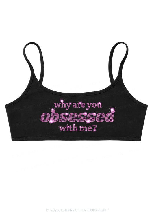 Rhinestone Why Are You Obsessed With Me Y2K Super Crop Cami Cherrykitten