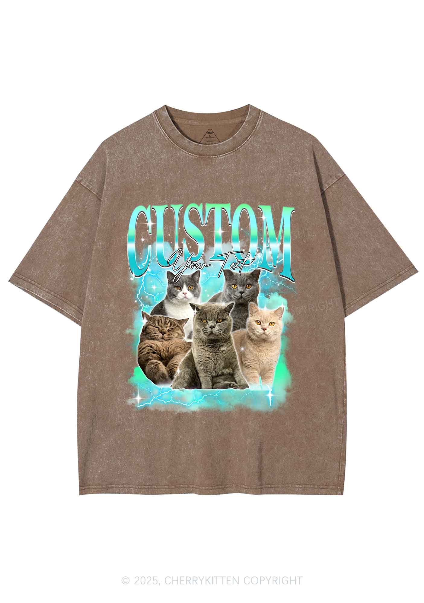 Custom Neon Lightning Cat Photo Y2K Shirts Washed Tee Cherrykitten