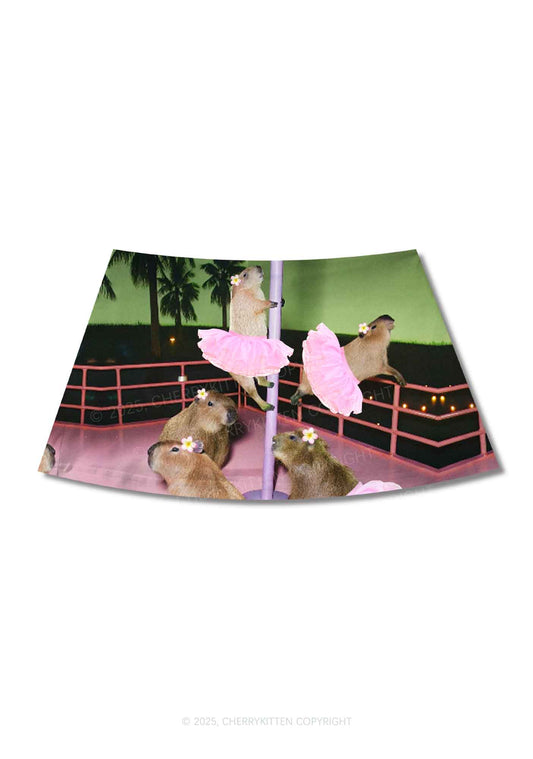 Capybara Pole Dancers Y2K Print Mini Skirt Cherrykitten