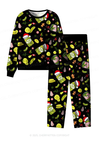 Christmas Black Santa Pickle Y2K Fleece Long Sleeve Pajama Set Cherrykitten