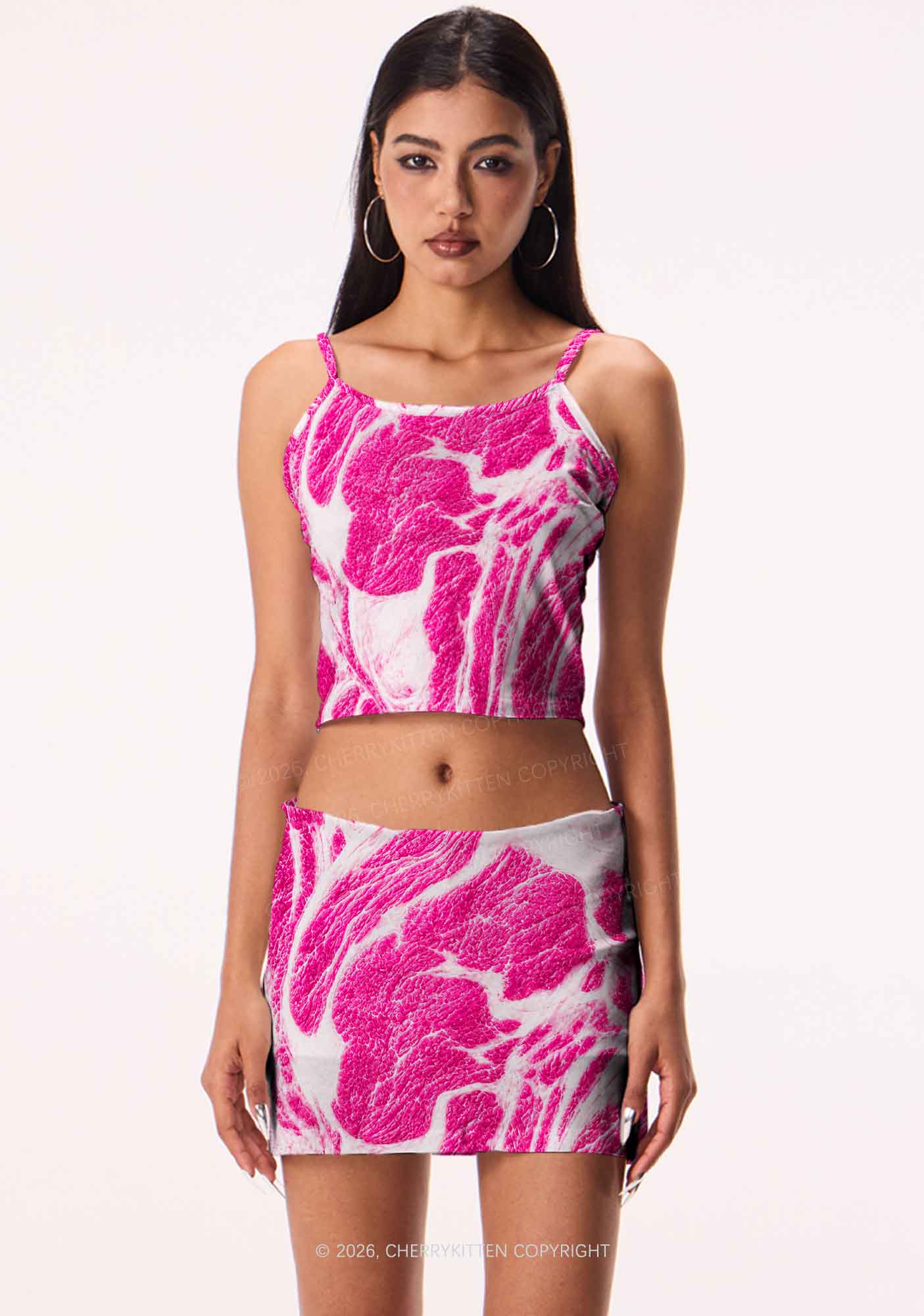 Halloween Pink Beef Texture Y2K Print Mini Skirt Cherrykitten