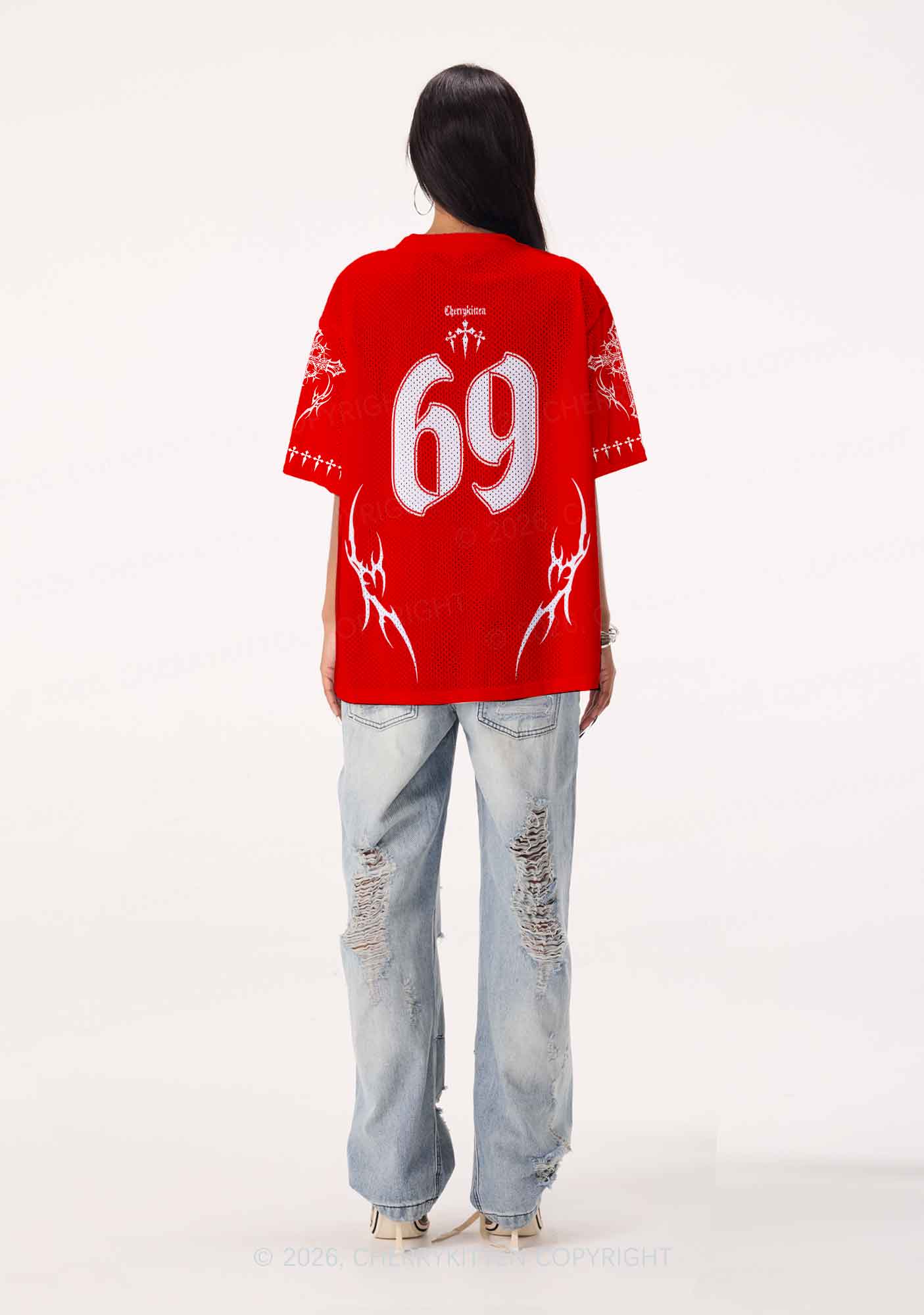 Red Gothic Mommy Needs A Cigarette Y2K Sport Jersey Shirts Cherrykitten