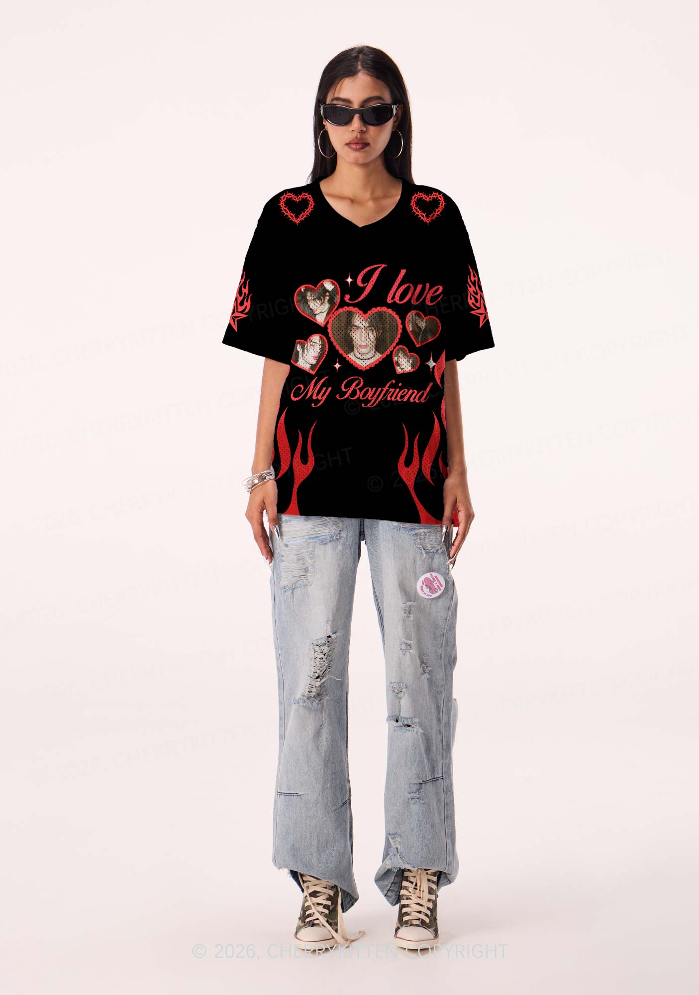 Custom Photos Red Flame I Love My GF BF Y2K Sport Jersey Shirts Cherrykitten