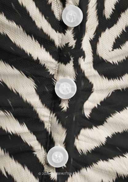 Black And White Zebra Striped Y2K Mesh Ruched Waist V Neck Top Cherrykitten