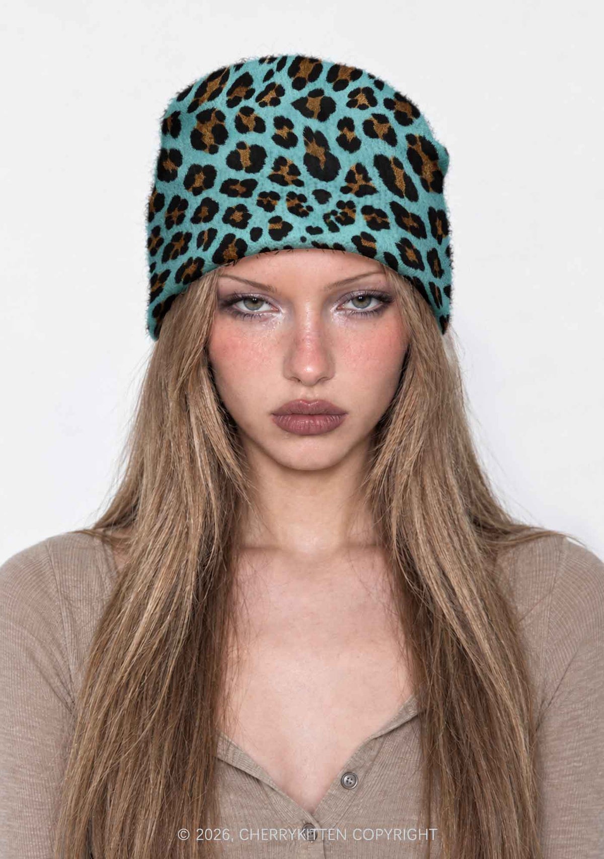 Mint Green Leopard Y2K Print Knit Beanie Cherrykitten