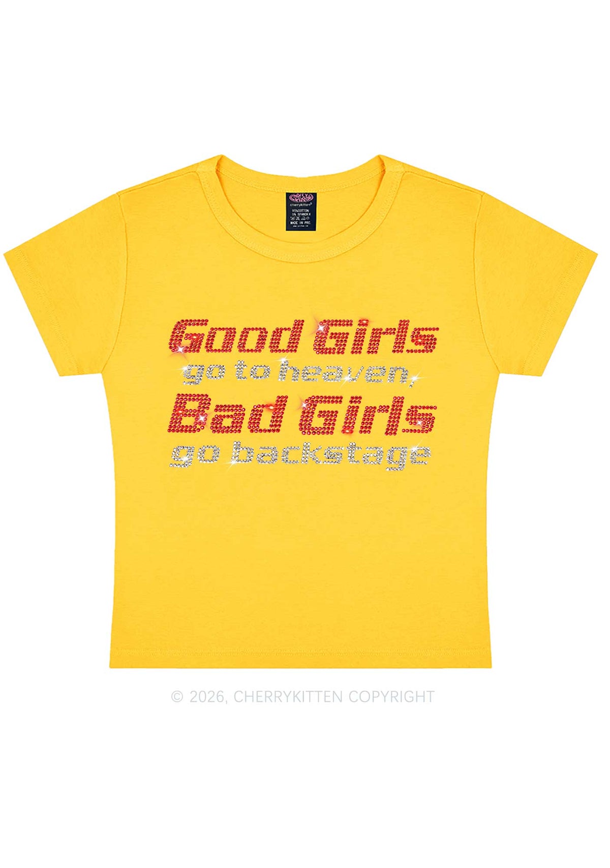 Rhinestone Bad Girls Go Backstage Y2K Baby Tee Cherrykitten