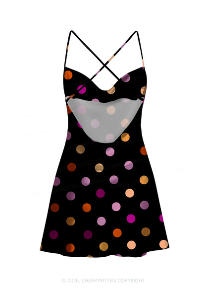Lesbian Dots Pride Y2K Print Satin Cowl Neck Slip Dress Cherrykitten