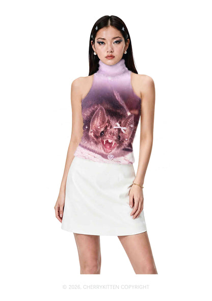 Halloween Pink Bow Bat Y2K Knit Turtleneck Tank Top Cherrykitten