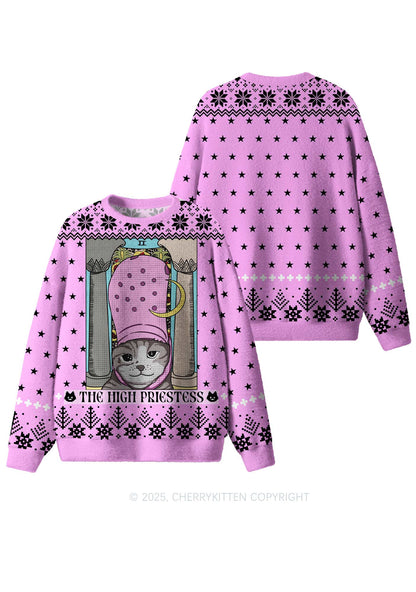 High Priestess Cat Y2K Christmas Knit Sweatshirt Cherrykitten