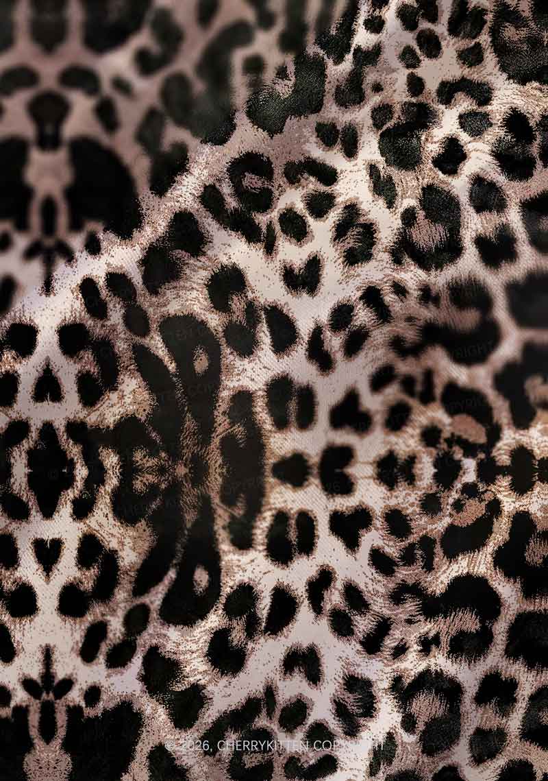 Brown Leopard Y2K Print Satin Cowl Neck Slip Dress Cherrykitten