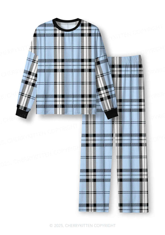 Light Blue Plaid Y2K Print Long Sleeve Pajama Set Cherrykitten