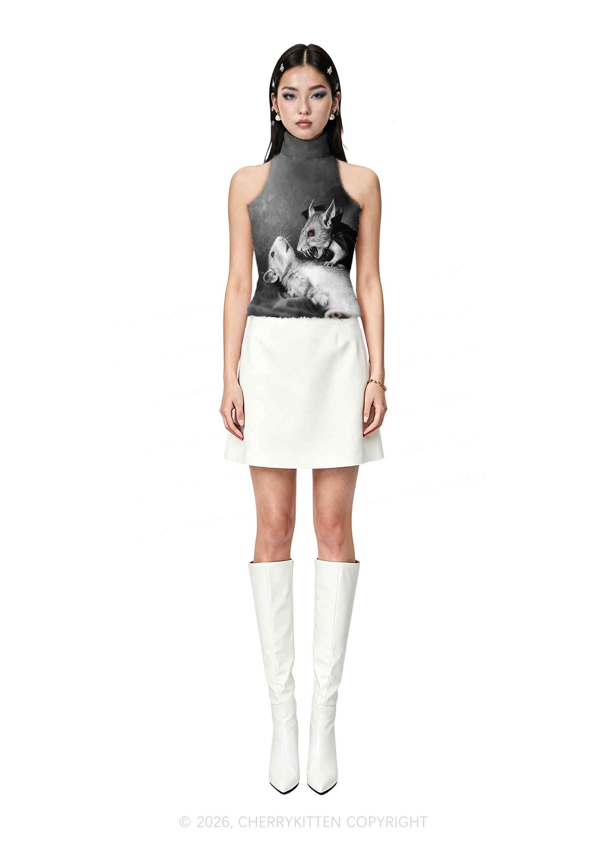 Halloween Vampire Rat Y2K Knit Turtleneck Tank Top Cherrykitten